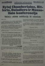 Pranešimai apie Chamberleno, Hitlerio, Daladiero ir Mussolinio konferenciją.